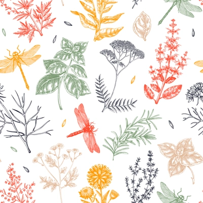 Apothecary plant background. Medicinal herbs seamless pattern. Insects hand-drawn vector illustration. NOT AI generated